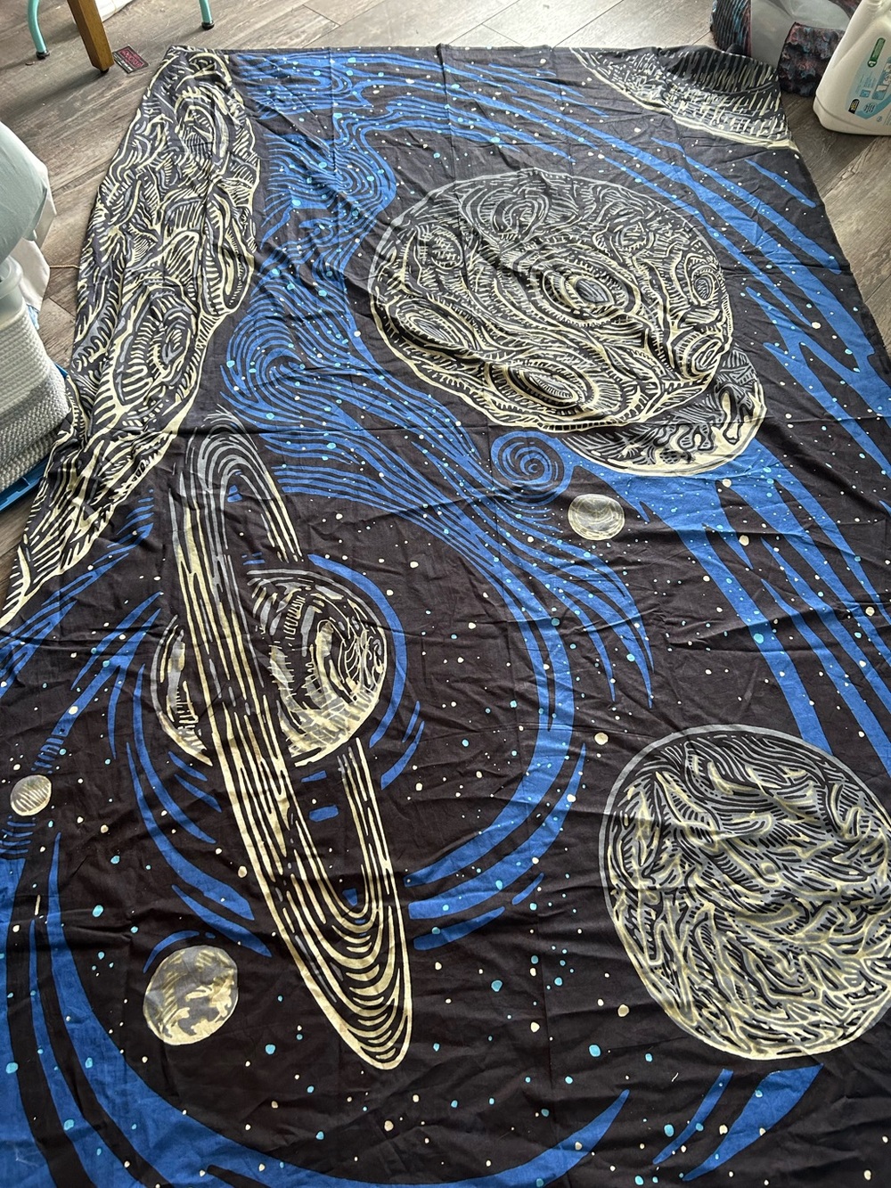 Galactic Planet Tapestry - Blue & Cream Space Print 60x90